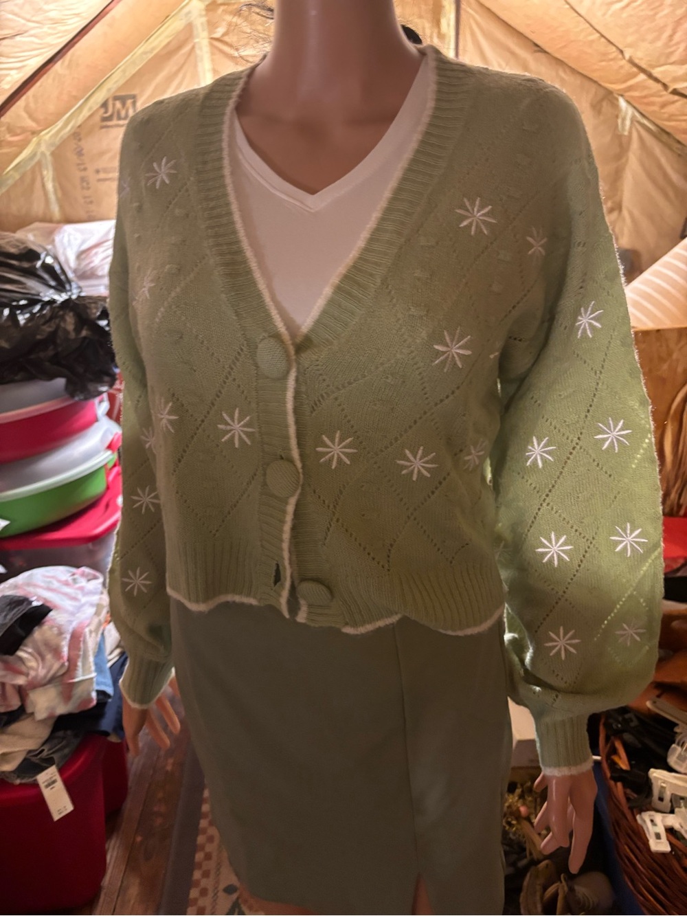Women’s Green Cardigan Sweater with Star Embroidery Violet Romance Size 8